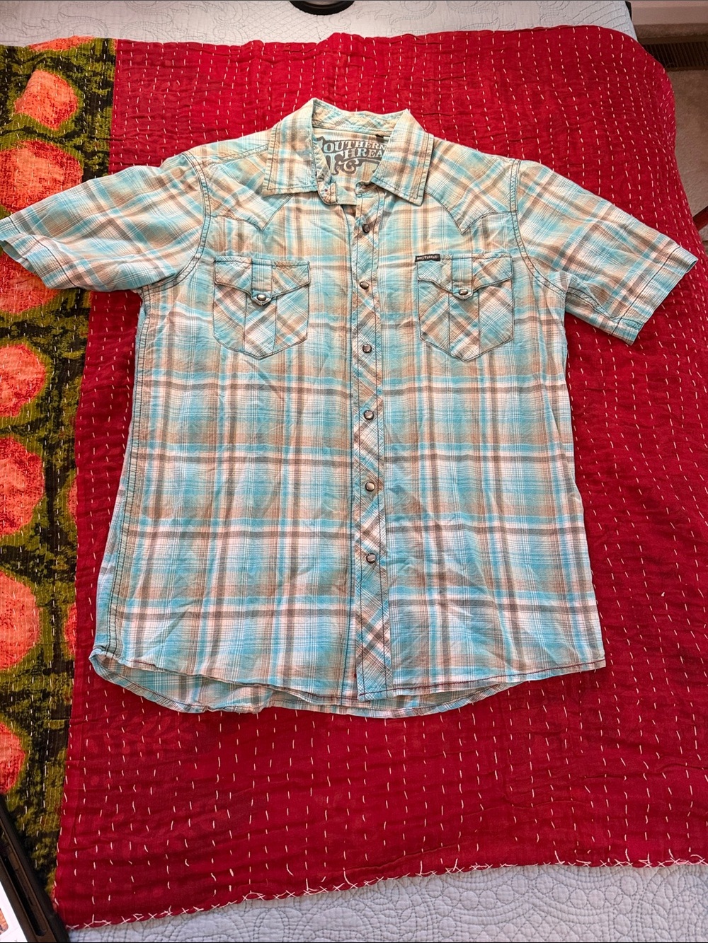 Southern Thread Men’s Short-Sleeve Plaid Button-Down Shirt - Aqua & Tan
